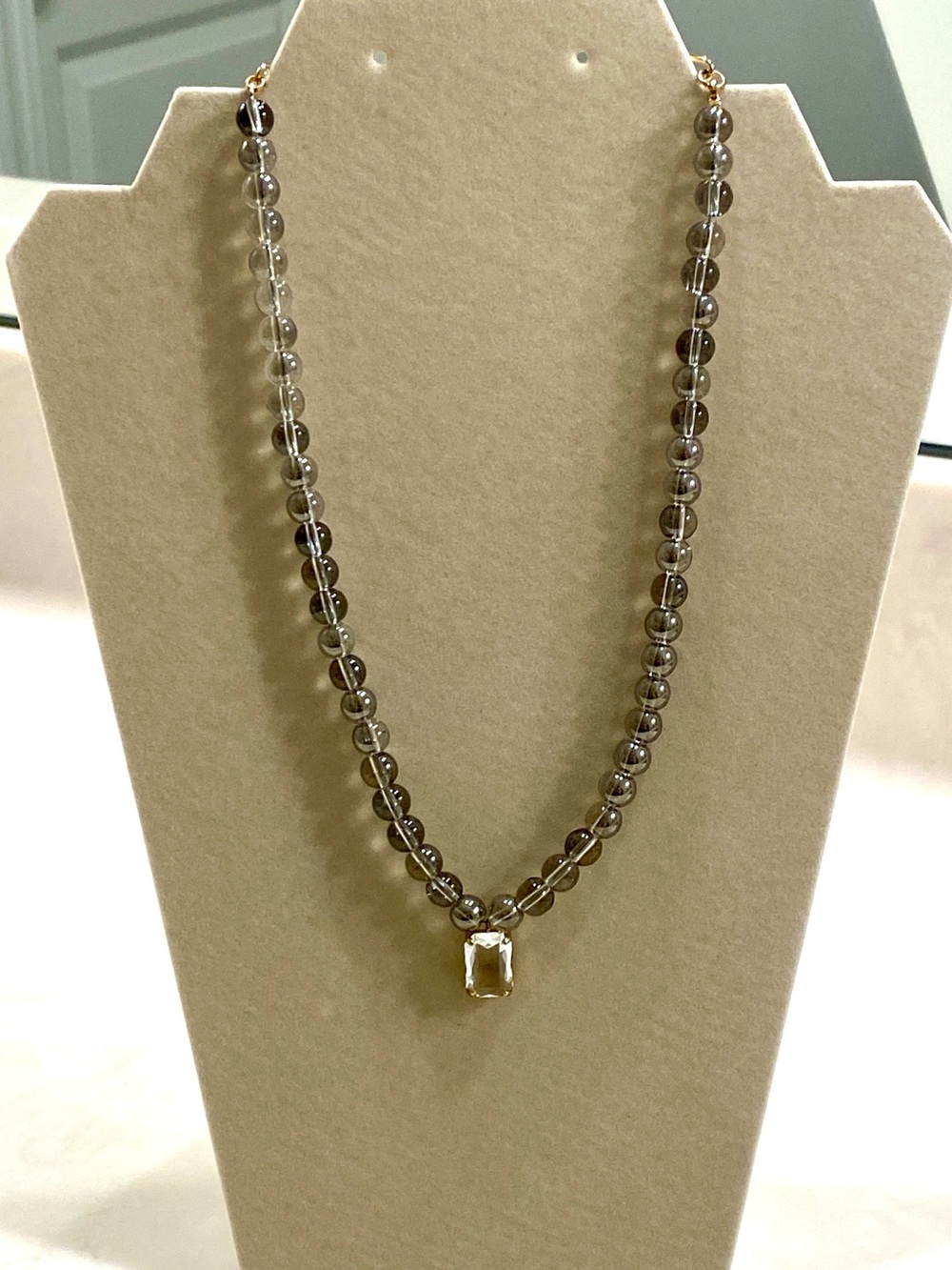 Smokey Grey Beaded Necklace with Rectangular Clear Pendant - Picture 1 of 4
